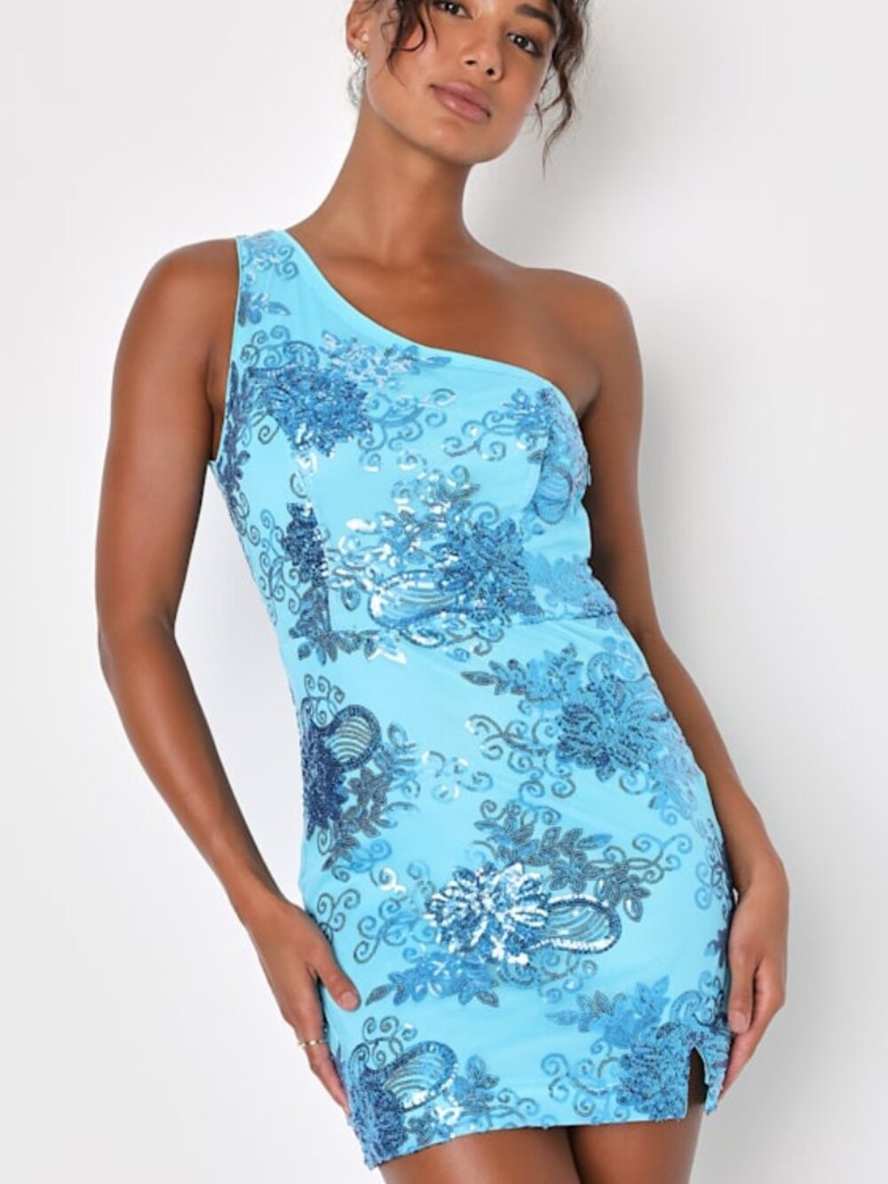 Lulus Sensationally Luxe Light Blue Sequin One-shoulder Mini Dress - Size M